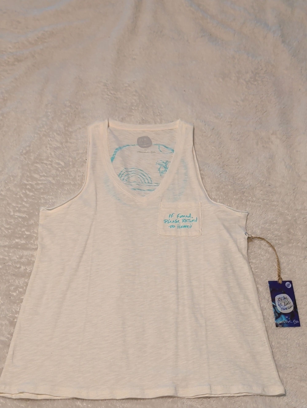 Women's White Tank Top with Teal Accent - Casual Pocket Style